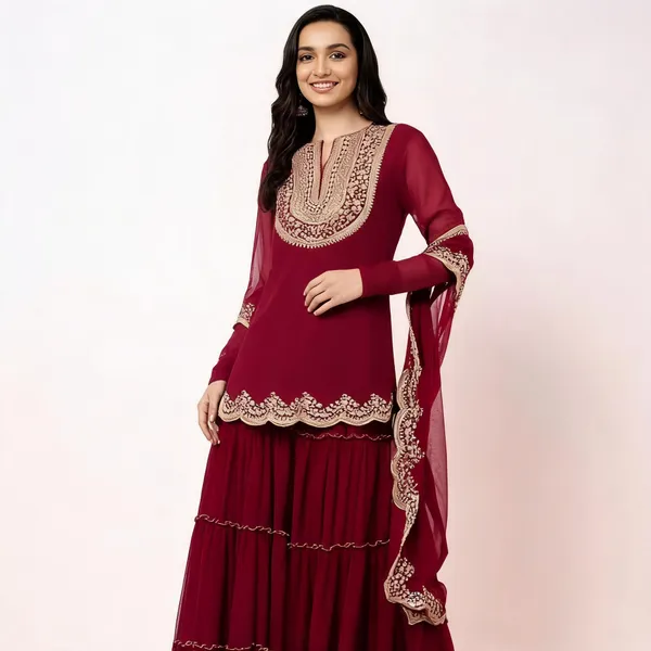 Maroon_Georgette_Kurta_Sharara_Dupatta_Set_For_Women
