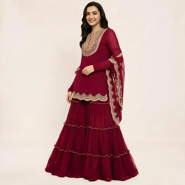 Maroon_Georgette_Kurta_Sharara_Dupatta_Set_For_Women