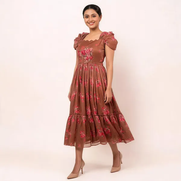 Brown_Chanderi_Fit_&_Flare_Dress_For_Women