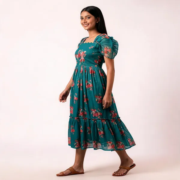 Teal_Blue_Chanderi_Fit_&_Flare_Dress_For_Women