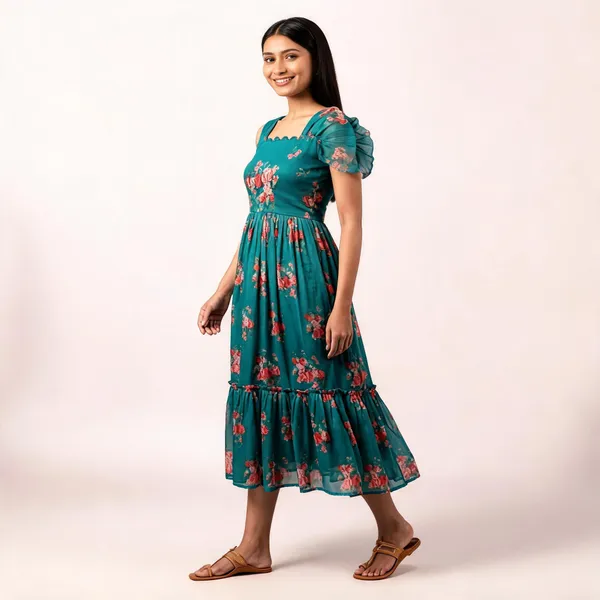 Teal_Blue_Chanderi_Fit_&_Flare_Dress_For_Women
