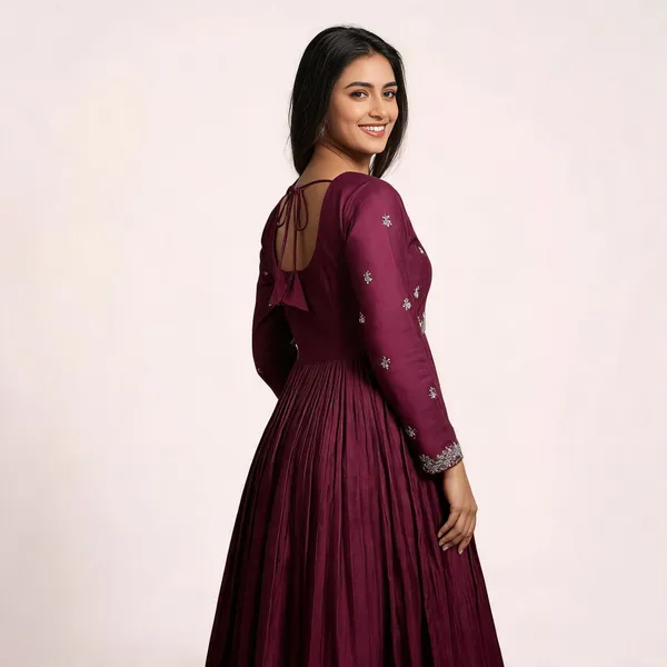 Maroon_Chanderi_Gown_With_Dupatta_Set_For_Women