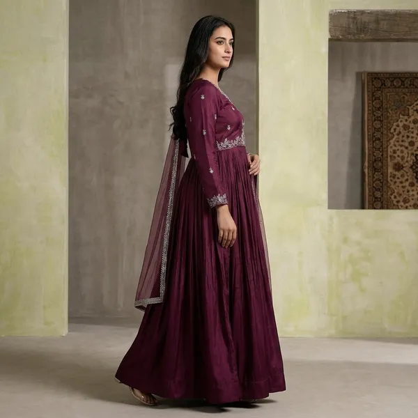 Maroon_Chanderi_Gown_With_Dupatta_Set_For_Women