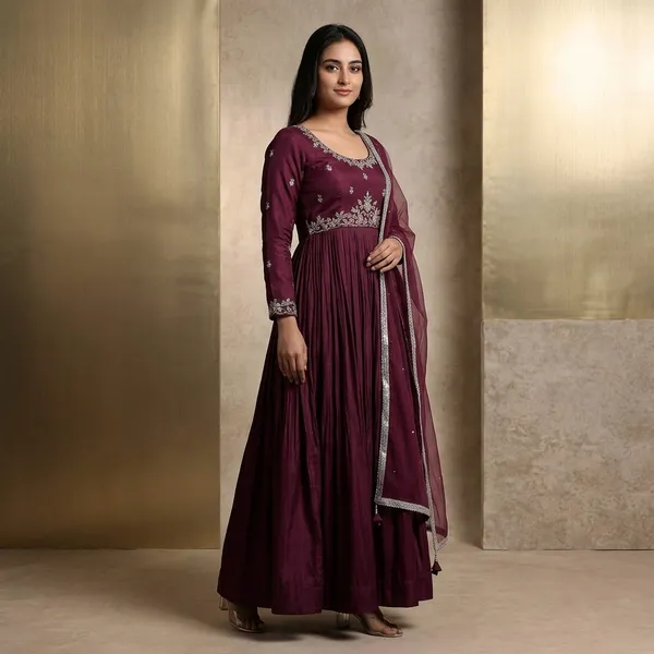 Maroon_Chanderi_Gown_With_Dupatta_Set_For_Women