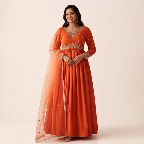 Orange_Chanderi_Gown_And_Dupatta_Set_For_Women