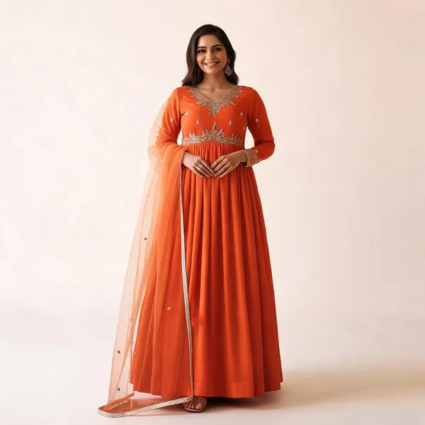 Orange_Chanderi_Gown_And_Dupatta_Set_For_Women