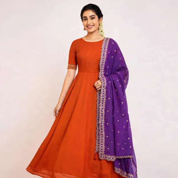 Orange_&_Purple_Chanderi_Gown_With_Dupatta_Set_For_Women
