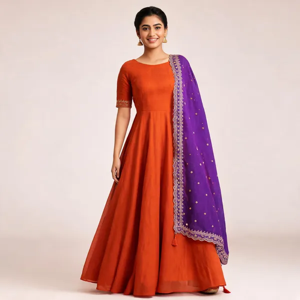 Orange_&_Purple_Chanderi_Gown_With_Dupatta_Set_For_Women