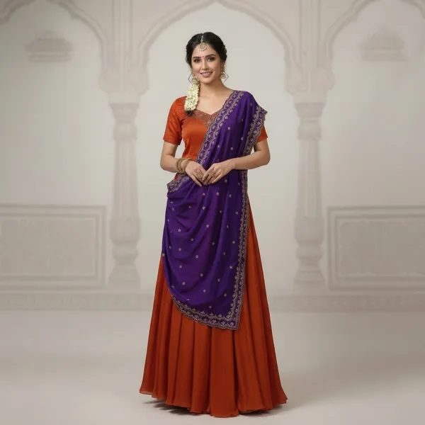 Orange_&_Purple_Chanderi_Gown_With_Dupatta_Set_For_Women