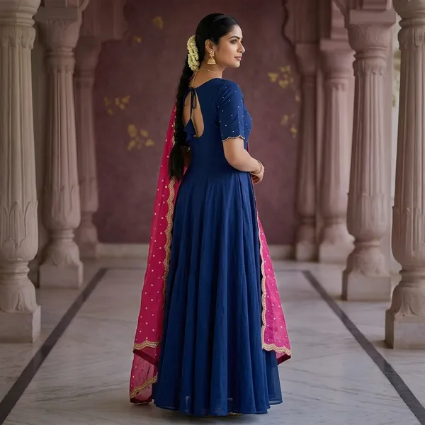 Blue_Chanderi_Gown_With_Dupatta_Set_For_Women