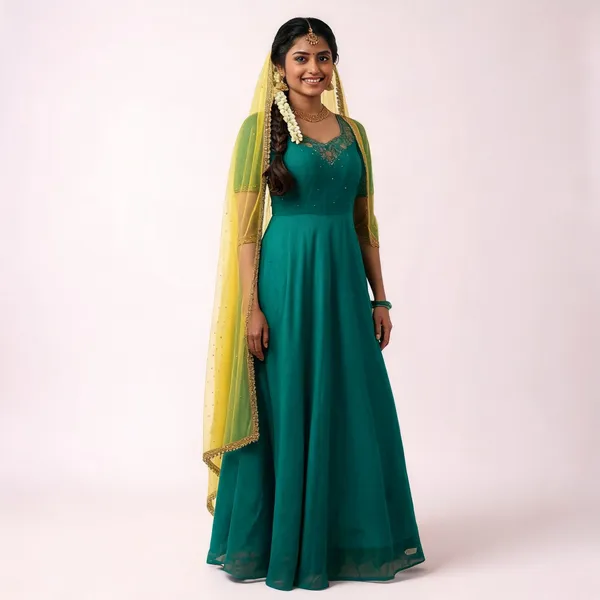 Teal_Green_Chanderi_Gown_With_Dupatta_Set_For_Women
