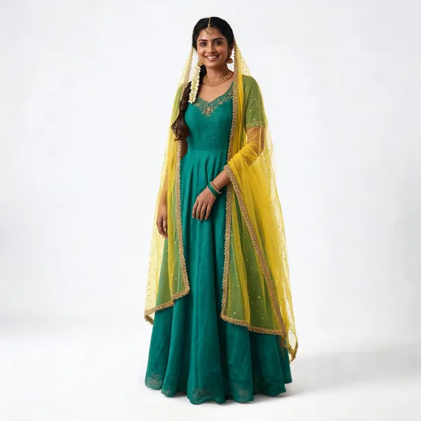 Teal_Green_Chanderi_Gown_With_Dupatta_Set_For_Women
