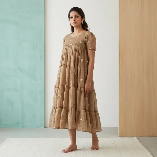 Beige_Chanderi_Tiered_Dress_For_Women