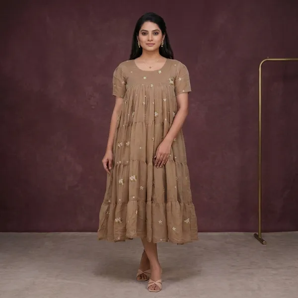 Beige_Chanderi_Tiered_Dress_For_Women
