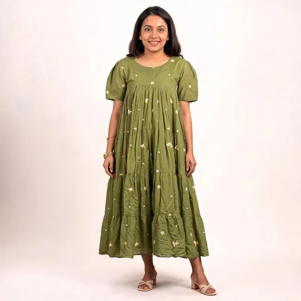 Green_Chanderi_Tiered_Midi_Dress_For_Women