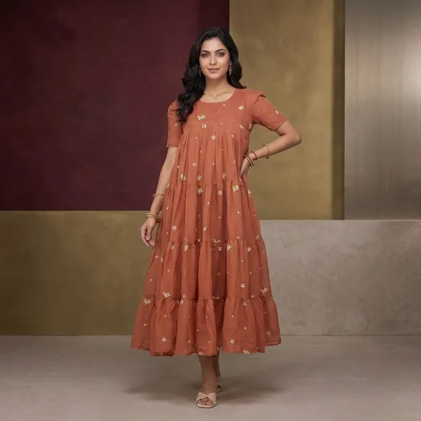 Orange_Chanderi_Tiered_Dress_For_Women