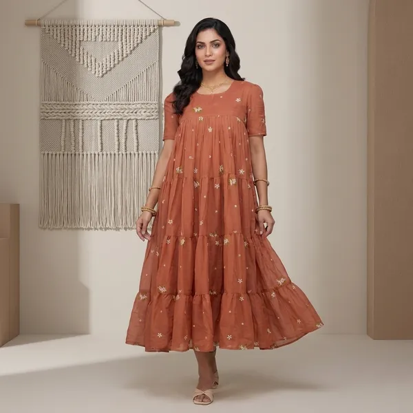Orange_Chanderi_Tiered_Dress_For_Women