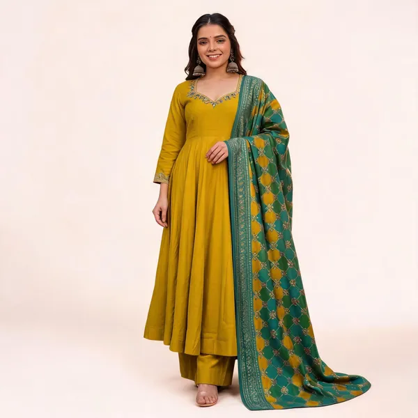 Mustard_&_Green_Georgette_Anarkali_Kurta_Pant_Dupatta_Set_For_Women