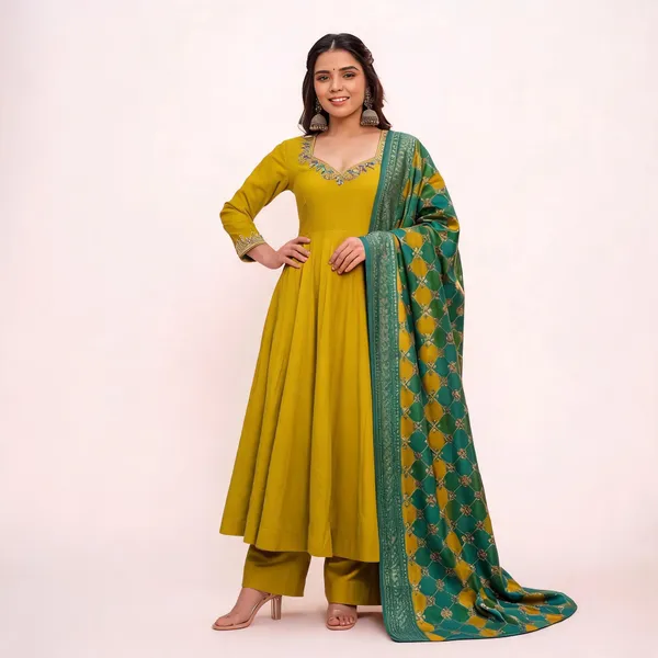 Mustard_&_Green_Georgette_Anarkali_Kurta_Pant_Dupatta_Set_For_Women
