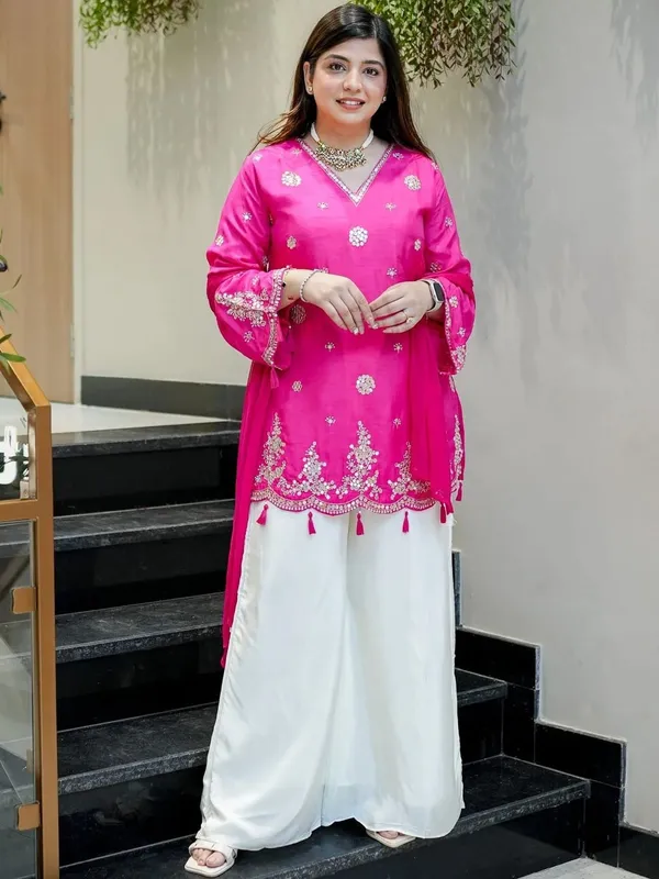 Pink_&_White_Chanderi_Kurta_Palazzo_Dupatta_Set_For_Women
