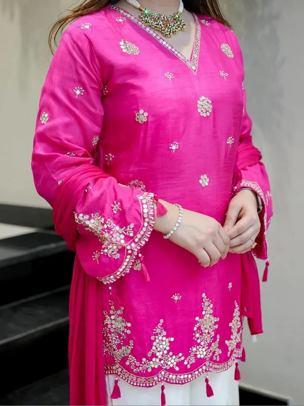Pink_&_White_Chanderi_Kurta_Palazzo_Dupatta_Set_For_Women