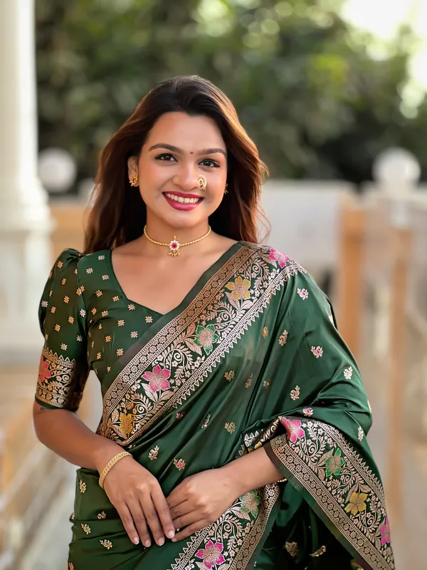 FLUIT_LESVETEMENTS_Printed_Banarasi_Silk_Blend_Saree_with_Unstitched_Blouse_(Green,_Blue)