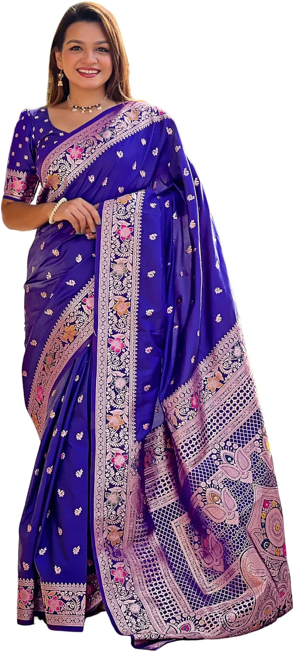 FLUIT_LESVETEMENTS_Printed_Banarasi_Silk_Blend_Saree_with_Unstitched_Blouse_(Blue)