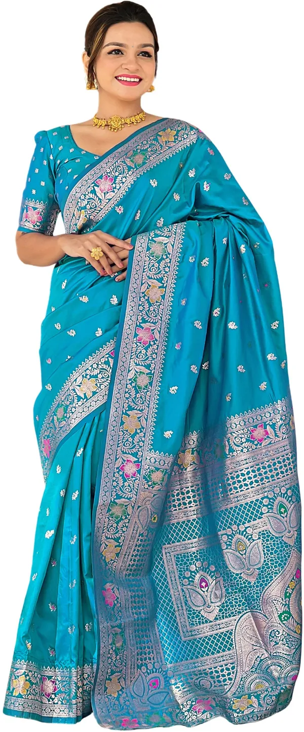 FLUIT_LESVETEMENTS_Printed_Banarasi_Silk_Blend_Saree_with_Unstitched_Blouse_(Light_Blue)