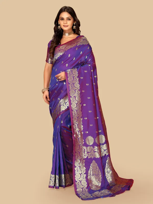 FLUIT_LESVETEMENTS_Floral_Print_Banarasi_Silk_Blend_Saree_with_Unstitched_Blouse_(Purple)