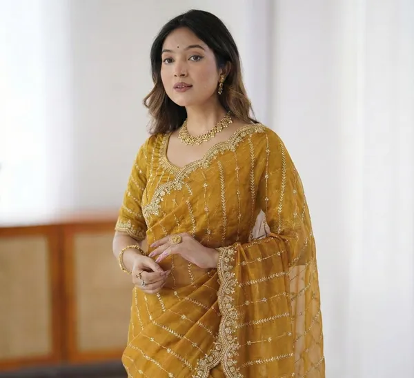FLUIT_LESVETEMENTS_Embroidered_Bollywood_Satin_Saree_with_Unstitched_Blouse_(Yellow)