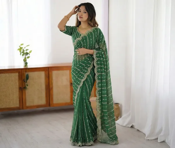 FLUIT_LESVETEMENTS_Embroidered_Bollywood_Satin_Saree_with_Unstitched_Blouse_(Green)