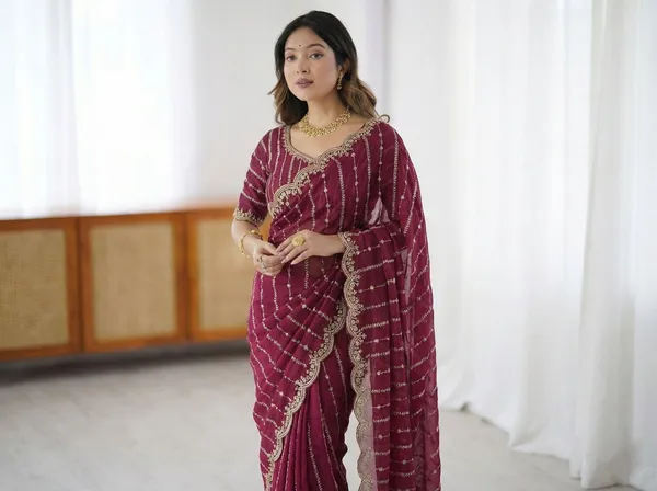 FLUIT_LESVETEMENTS_Embroidered_Bollywood_Satin_Saree_with_Unstitched_Blouse_(Maroon)
