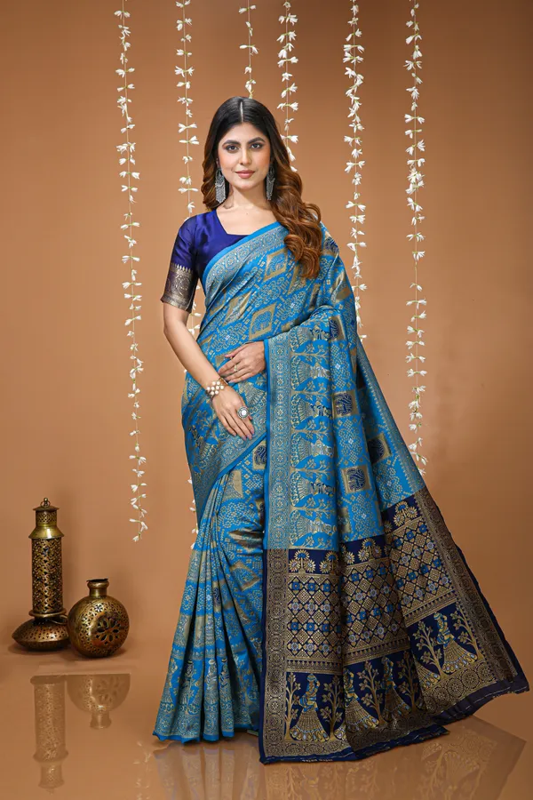 FLUIT_LESVETEMENTS_Color_Block_Banarasi_Pure_Silk_Saree_with_Unstitched_Blouse_(Blue)