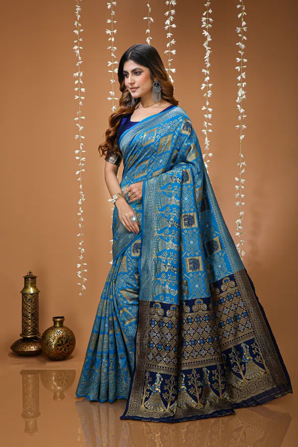 FLUIT_LESVETEMENTS_Color_Block_Banarasi_Pure_Silk_Saree_with_Unstitched_Blouse_(Blue)