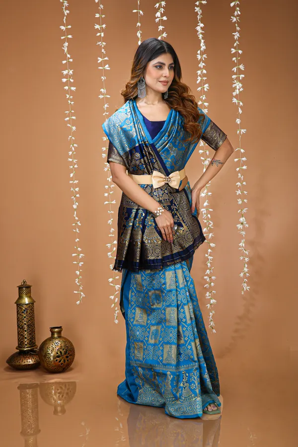 FLUIT_LESVETEMENTS_Color_Block_Banarasi_Pure_Silk_Saree_with_Unstitched_Blouse_(Blue)