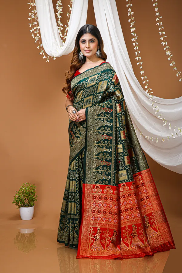 FLUIT_LESVETEMENTS_Color_Block_Banarasi_Pure_Silk_Saree_with_Unstitched_Blouse_(Dark_Green)