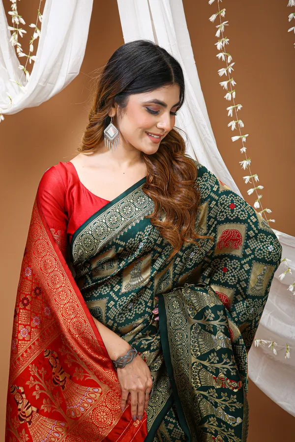 FLUIT_LESVETEMENTS_Color_Block_Banarasi_Pure_Silk_Saree_with_Unstitched_Blouse_(Dark_Green)