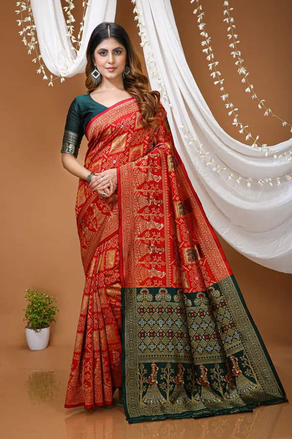 FLUIT_LESVETEMENTS_Color_Block_Banarasi_Pure_Silk_Saree_with_Unstitched_Blouse_(Red)