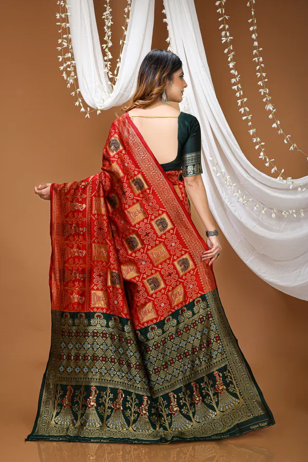FLUIT_LESVETEMENTS_Color_Block_Banarasi_Pure_Silk_Saree_with_Unstitched_Blouse_(Red)
