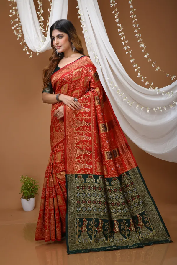 FLUIT_LESVETEMENTS_Color_Block_Banarasi_Pure_Silk_Saree_with_Unstitched_Blouse_(Red)