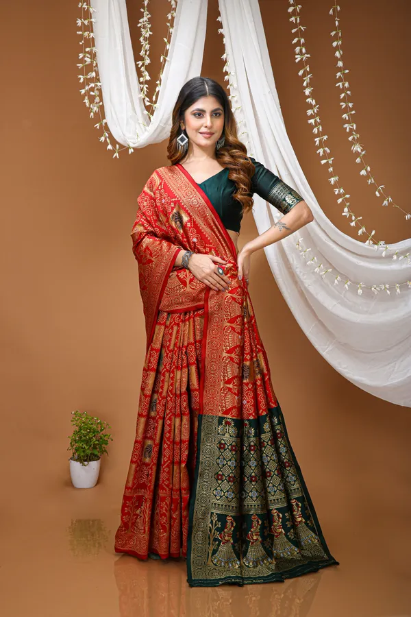 FLUIT_LESVETEMENTS_Color_Block_Banarasi_Pure_Silk_Saree_with_Unstitched_Blouse_(Red)