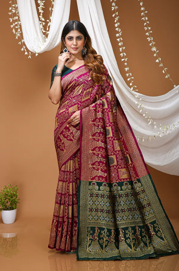Block_Banarasi_Pure_Silk_Saree_With_Unstitched_Blouse_Magenta