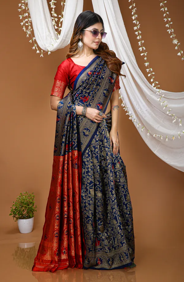 FLUIT_LESVETEMENTS_Woven_Banarasi_Pure_Silk_Saree_with_Unstitched_Blouse_(Dark_Blue)