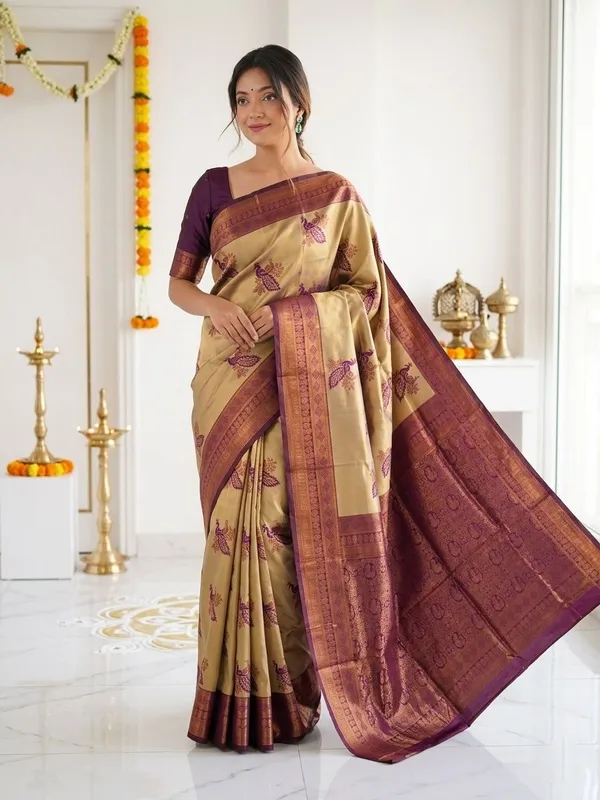 FLUIT_LESVETEMENTS_Animal_Print_Banarasi_Pure_Silk_Saree_with_Unstitched_Blouse_(Cream)