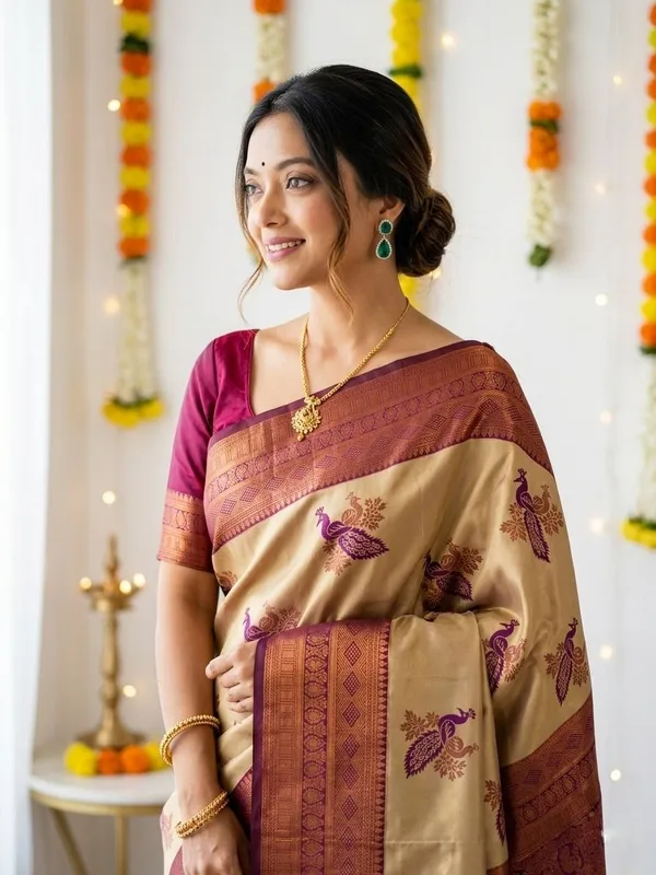 FLUIT_LESVETEMENTS_Animal_Print_Banarasi_Pure_Silk_Saree_with_Unstitched_Blouse_(Cream)