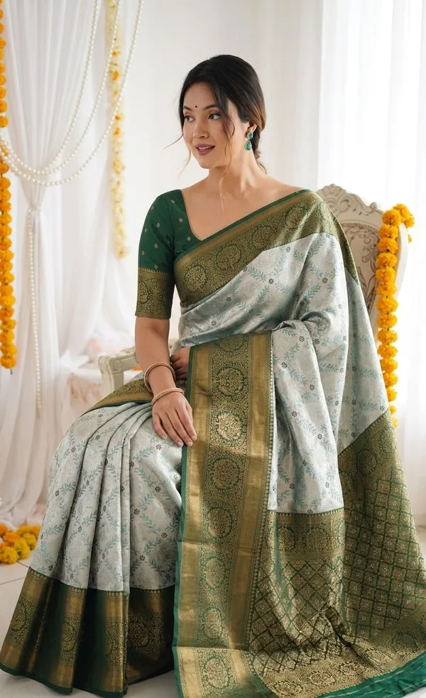 FLUIT_LESVETEMENTS_Woven_Banarasi_Pure_Silk_Saree_with_Unstitched_Blouse_(Green)