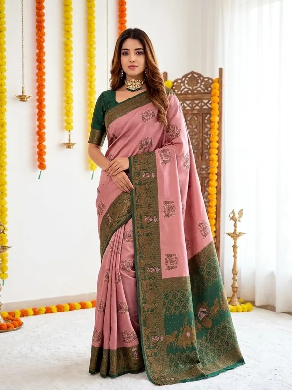 FLUIT_LESVETEMENTS_Woven_Banarasi_Pure_Silk_Saree_with_Unstitched_Blouse_(Pink)