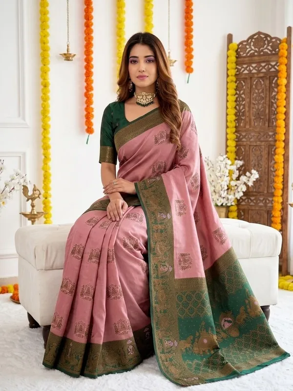 FLUIT_LESVETEMENTS_Woven_Banarasi_Pure_Silk_Saree_with_Unstitched_Blouse_(Pink)