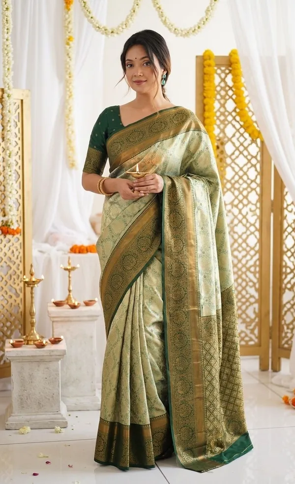 FLUIT_LESVETEMENTS_Woven_Banarasi_Pure_Silk_Saree_with_Unstitched_Blouse_(Light_Green)