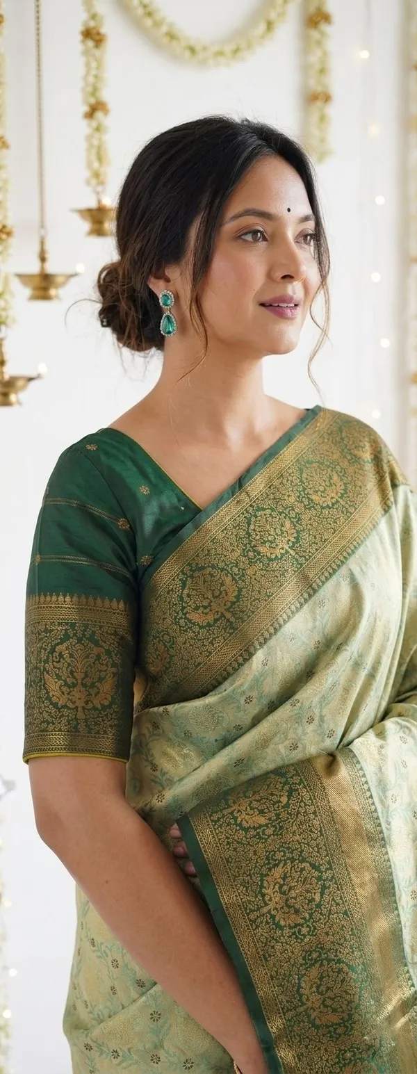 FLUIT_LESVETEMENTS_Woven_Banarasi_Pure_Silk_Saree_with_Unstitched_Blouse_(Light_Green)